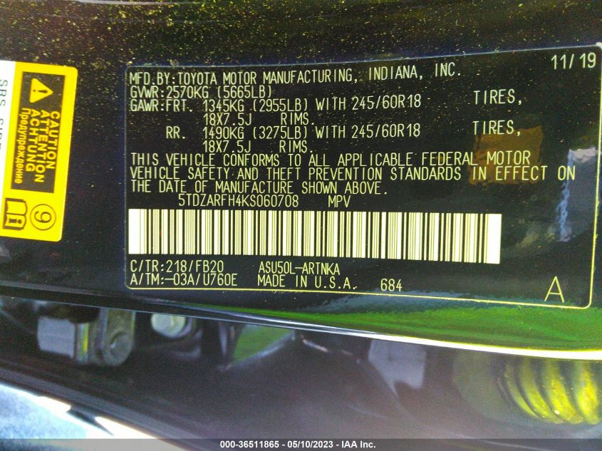 2019 TOYOTA HIGHLANDER LE - 5TDZARFH4KS060708
