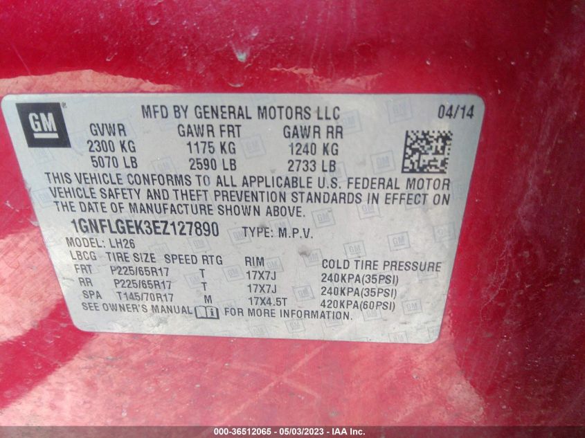 2014 CHEVROLET EQUINOX LT - 1GNFLGEK3EZ127890