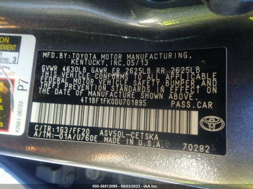 2013 TOYOTA CAMRY L/LE/SE/XLE - 4T1BF1FK0DU701895