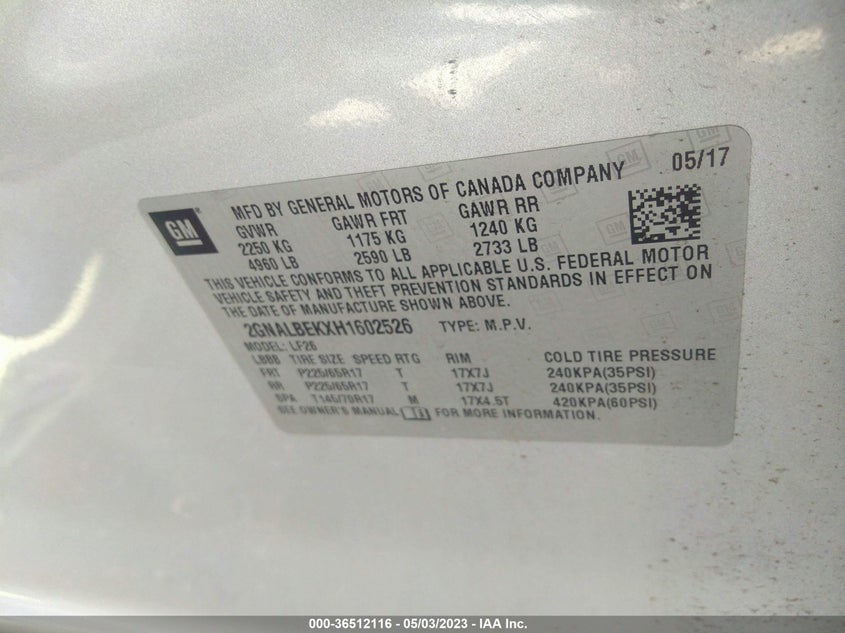 VIN 2GNALBEKXH1602526 2017 CHEVROLET EQUINOX LS