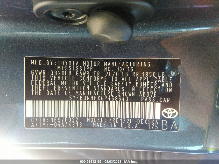2016 TOYOTA COROLLA L/LE/S/S PLUS/LE PLUS - 5YFBURHEXGP468643