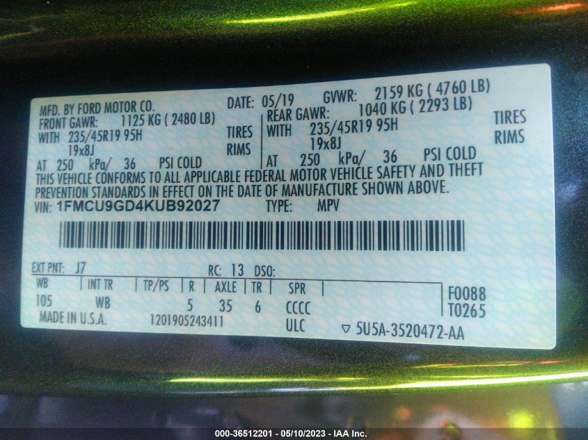 1FMCU9GD4KUB92027 2019 FORD ESCAPE, photo no. 9