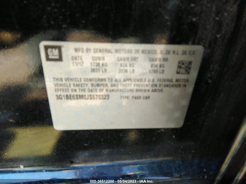 VIN 3G1BE6SM0JS570323 2018 CHEVROLET CRUZE LT