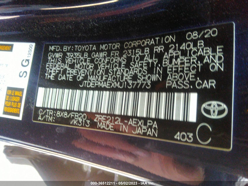 VIN JTDEPMAEXMJ137773 2021 TOYOTA COROLLA LE