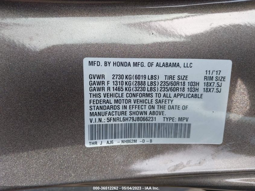 5FNRL6H79JB066231 2018 HONDA ODYSSEY, photo no. 9