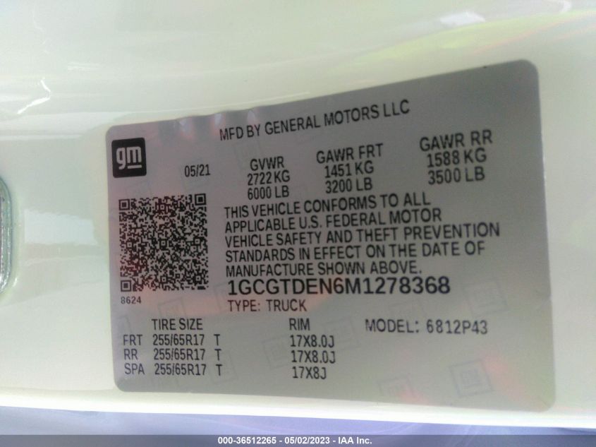 2021 CHEVROLET COLORADO 4WD Z71 - 1GCGTDEN6M1278368