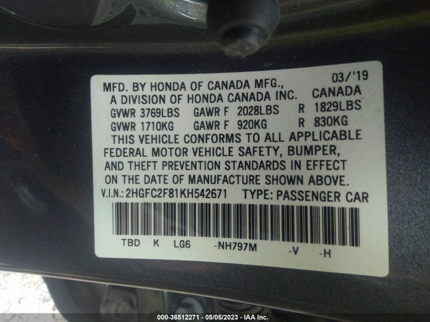 2019 HONDA CIVIC SEDAN SPORT - 2HGFC2F81KH542671