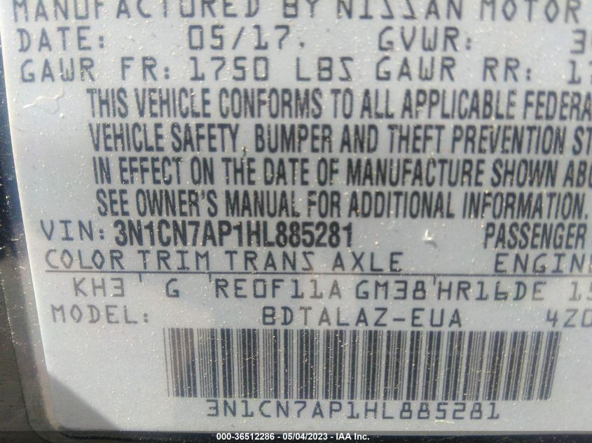 2017 NISSAN VERSA SEDAN S PLUS - 3N1CN7AP1HL885281