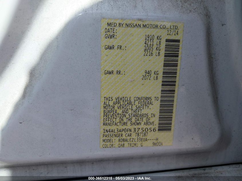 2015 NISSAN ALTIMA 2.5 S - 1N4AL3AP0FN375056