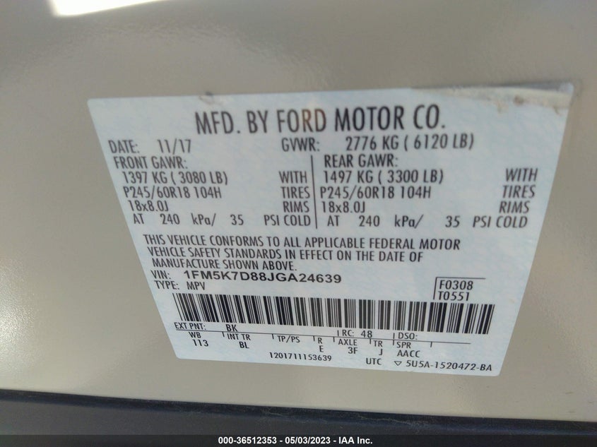 VIN 1FM5K7D88JGA24639 2018 FORD EXPLORER XLT