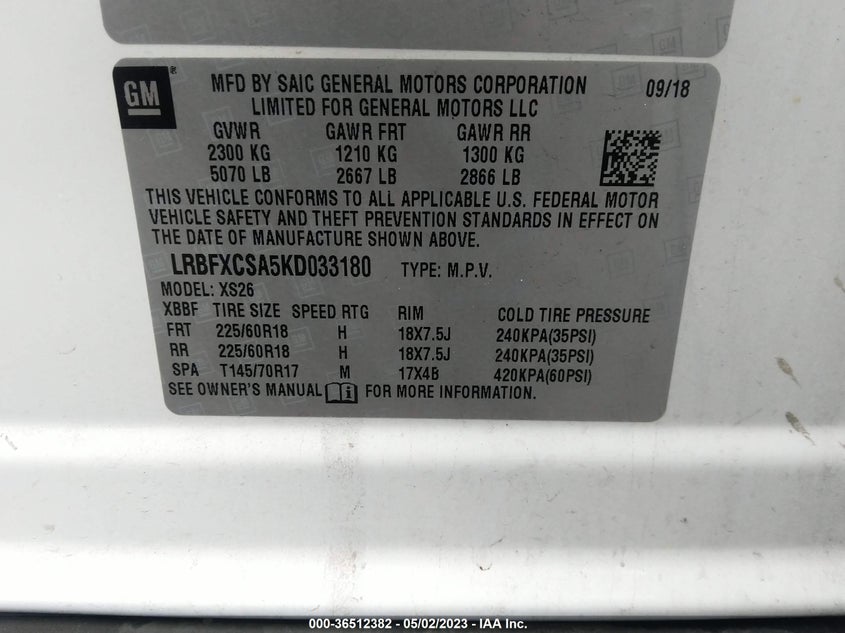 VIN LRBFXCSA5KD033180 2019 BUICK ENVISION ESSENCE