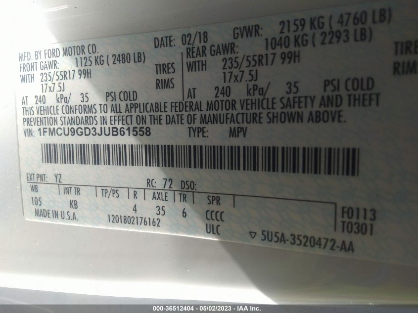 2018 FORD ESCAPE SE - 1FMCU9GD3JUB61558