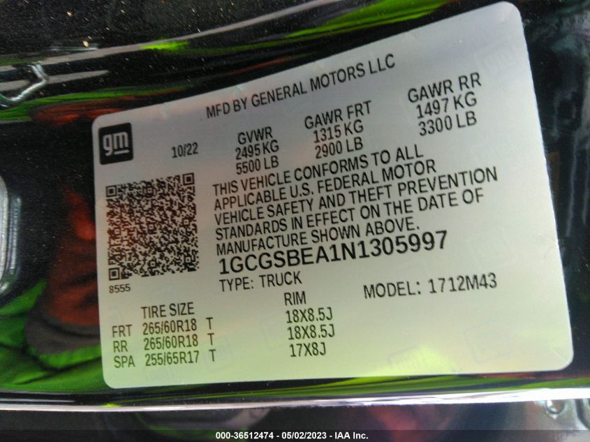 2022 CHEVROLET COLORADO 2WD WORK TRUCK - 1GCGSBEA1N1305997