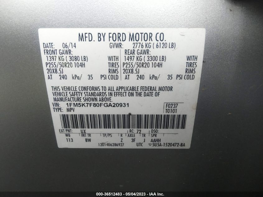 2015 FORD EXPLORER LIMITED - 1FM5K7F80FGA20931