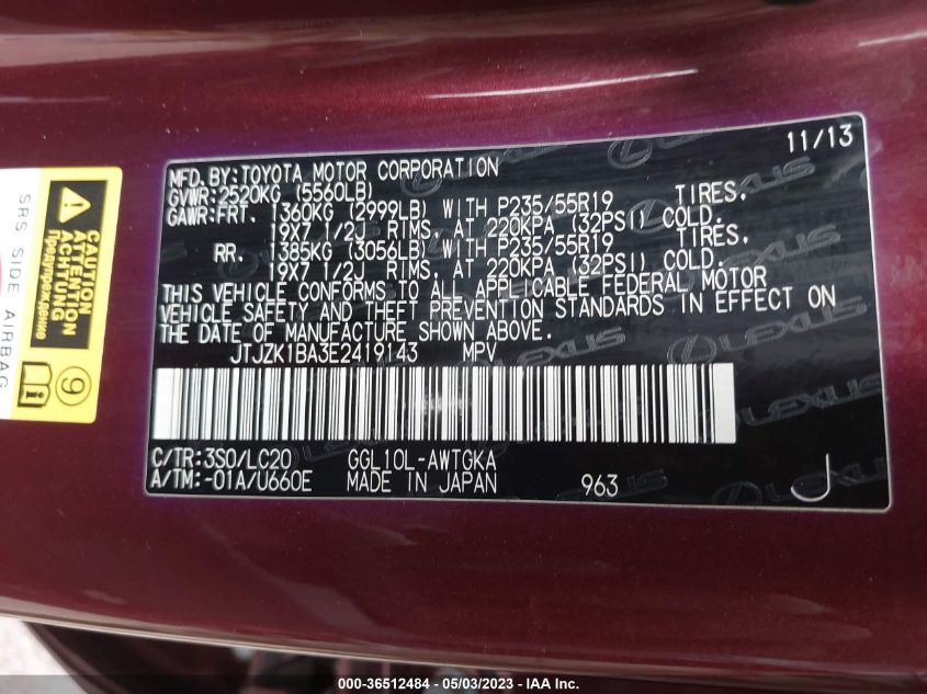 2014 LEXUS RX 350 - JTJZK1BA3E2419143