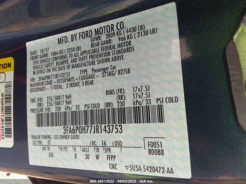 2018 FORD FUSION SE - 3FA6P0H77JR143753
