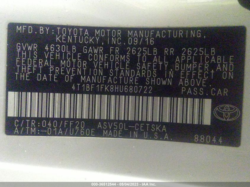 2017 TOYOTA CAMRY XLE/SE/LE/XSE - 4T1BF1FK8HU680722