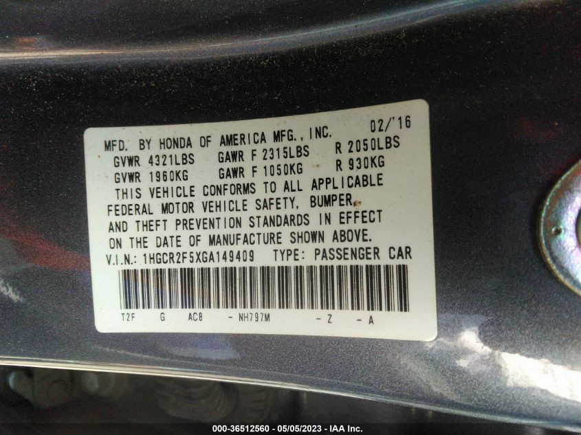 2016 HONDA ACCORD SEDAN SPORT - 1HGCR2F5XGA149409