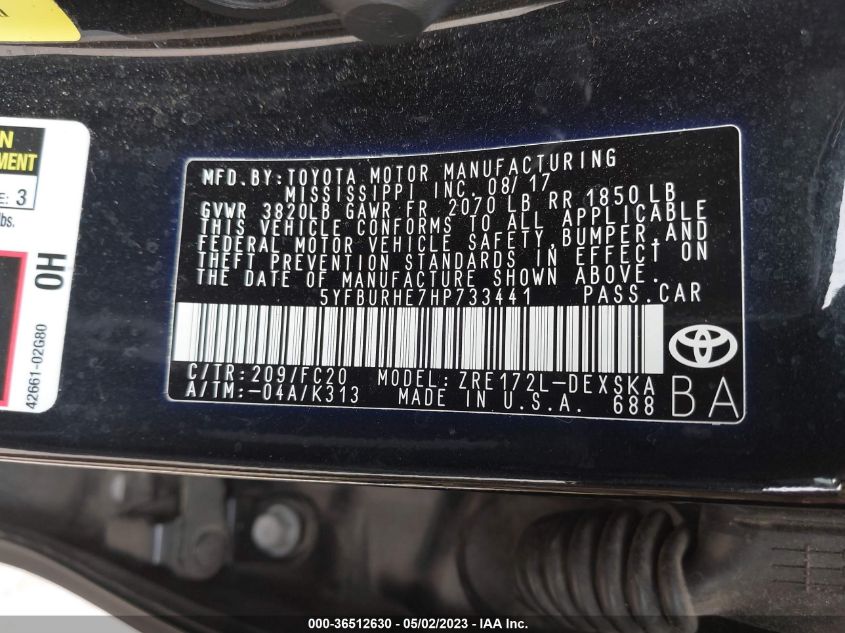2017 TOYOTA COROLLA L/LE/XLE/SE - 5YFBURHE7HP733441
