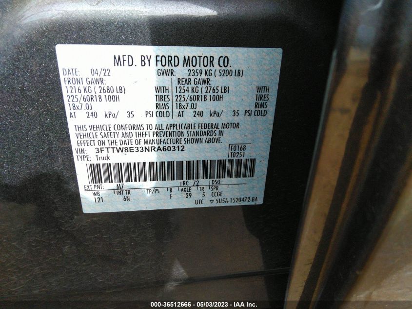 2022 FORD MAVERICK XL/XLT/LARIAT 3FTTW8E33NRA60312