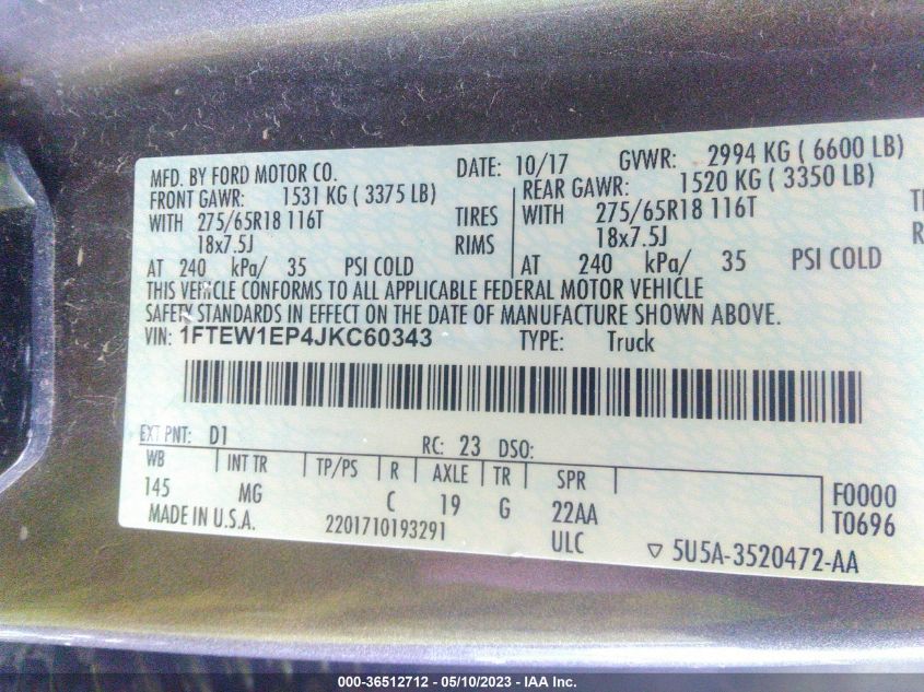 2018 FORD F-150 XL/XLT/LARIAT - 1FTEW1EP4JKC60343