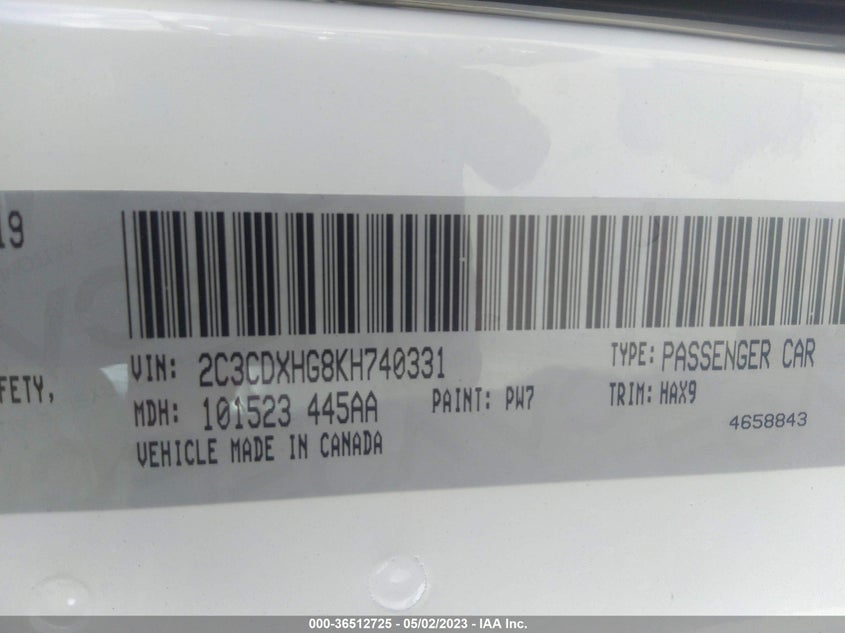 VIN 2C3CDXHG8KH740331 2019 DODGE CHARGER GT