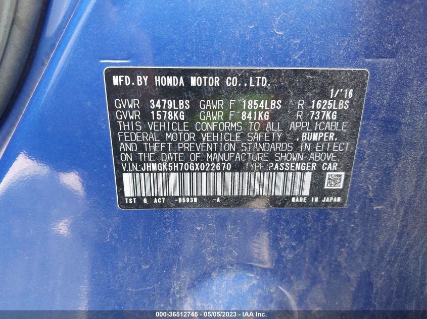 2016 HONDA FIT EX - JHMGK5H70GX022670