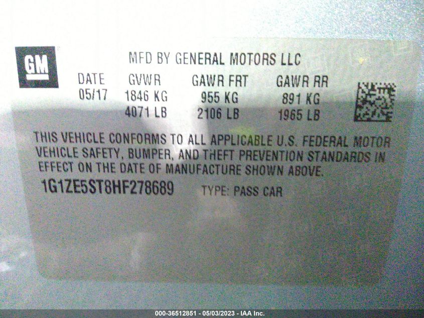 2017 CHEVROLET MALIBU LT - 1G1ZE5ST8HF278689