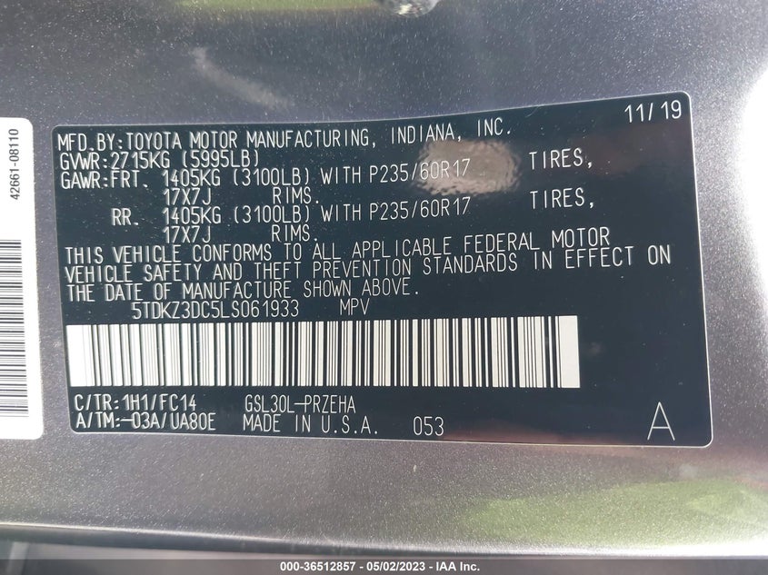 VIN 5TDKZ3DC5LS061933 2020 TOYOTA SIENNA LE