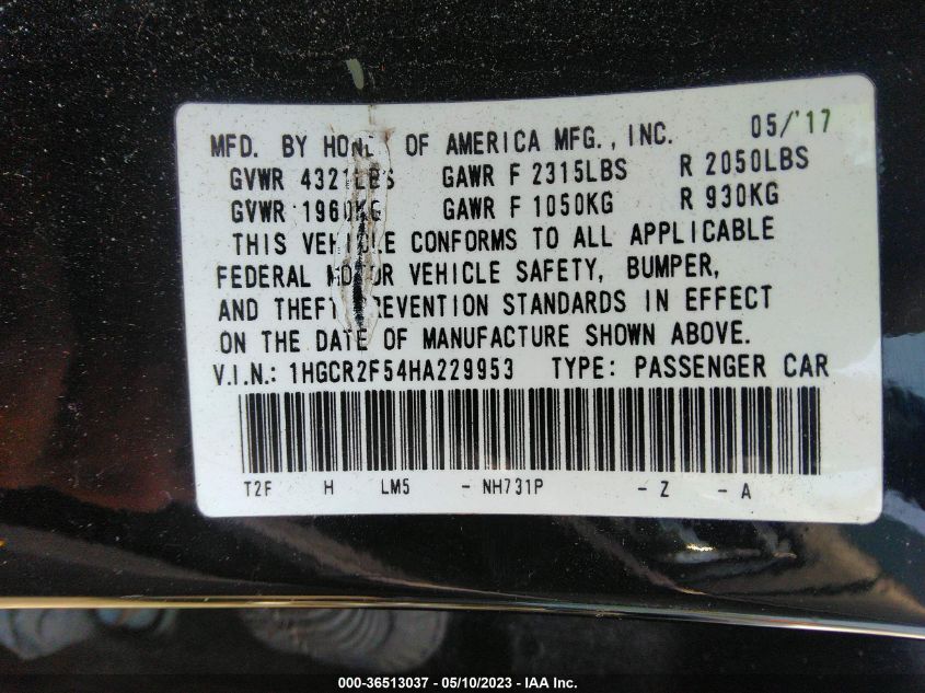 2017 HONDA ACCORD SEDAN SPORT - 1HGCR2F54HA229953