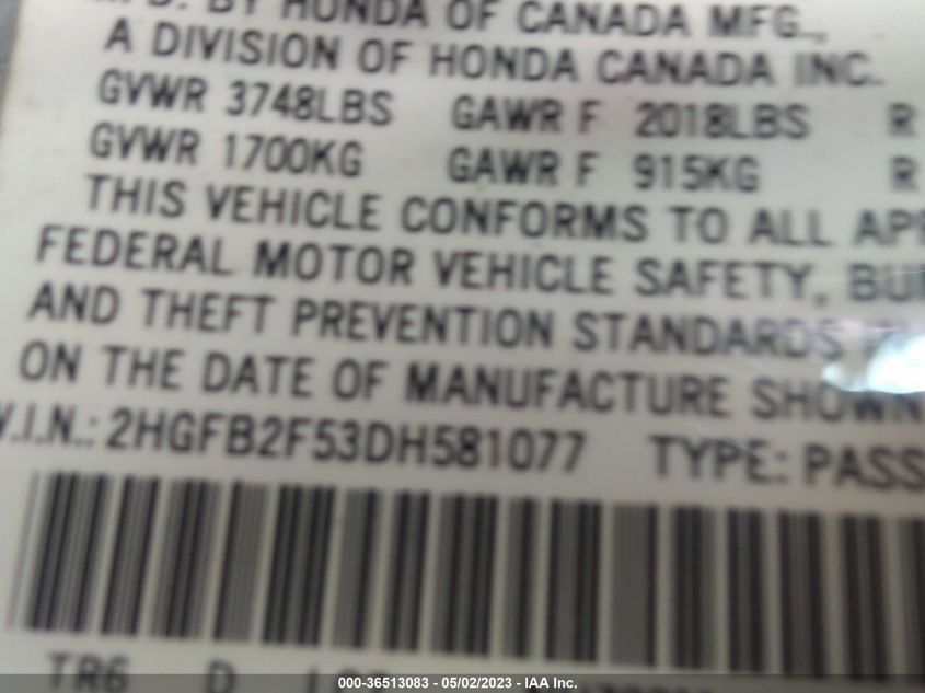 2013 HONDA CIVIC SDN LX - 2HGFB2F53DH581077