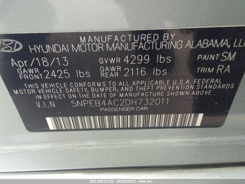 2013 HYUNDAI SONATA GLS - 5NPEB4AC2DH732011