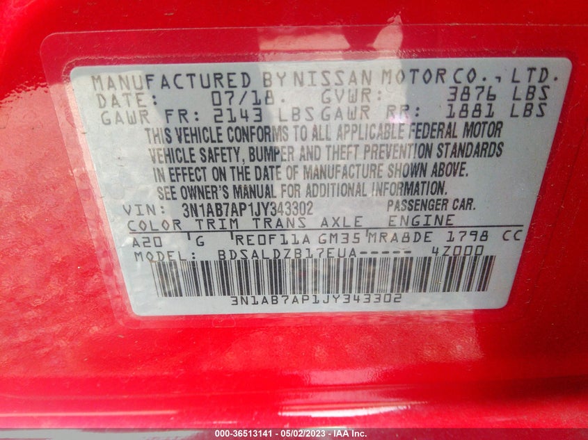 VIN 3N1AB7AP1JY343302 2018 NISSAN SENTRA SV