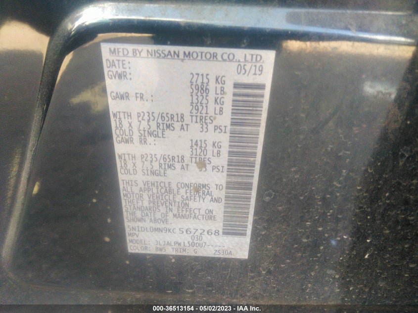 VIN 5N1DL0MN9KC567268 2019 INFINITI QX60 PURE