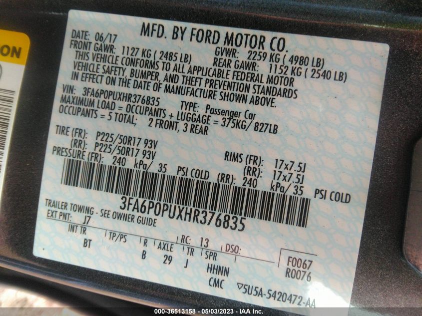 2017 FORD FUSION ENERGI SE - 3FA6P0PUXHR376835