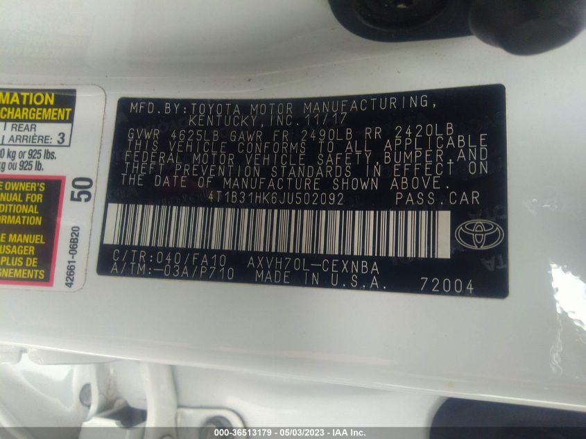 2018 TOYOTA CAMRY HYBRID - 4T1B31HK6JU502092