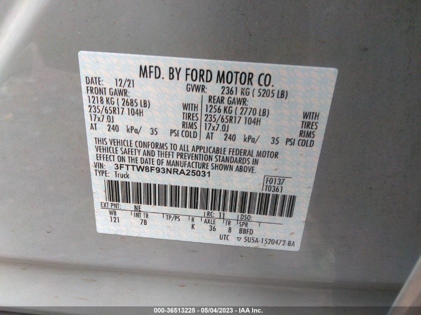2022 FORD MAVERICK XL/XLT/LARIAT - 3FTTW8F93NRA25031