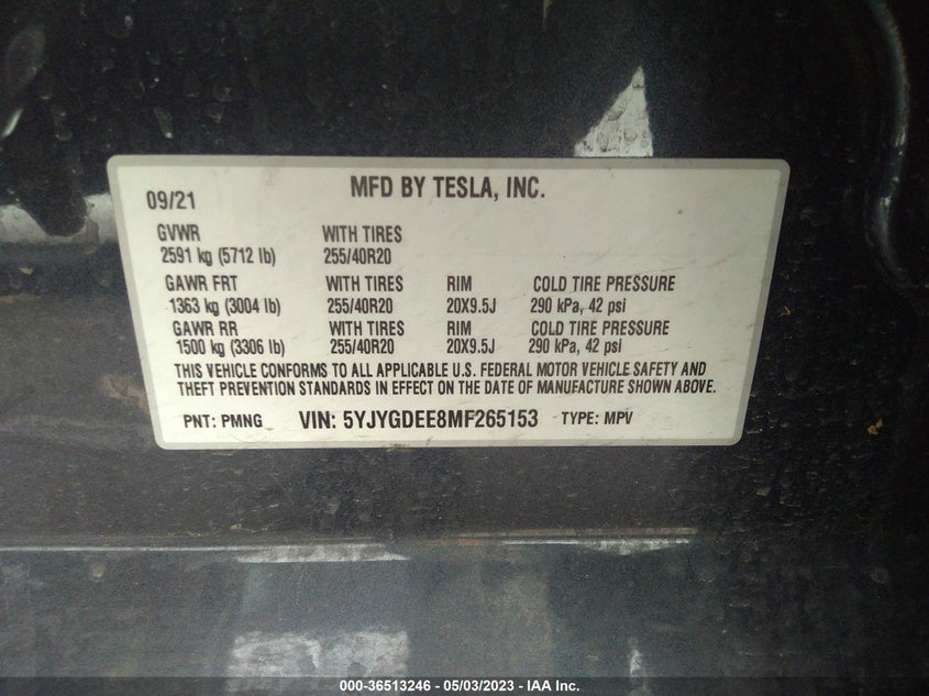 VIN 5YJYGDEE8MF265153 2021 TESLA MODEL Y LONG RANGE