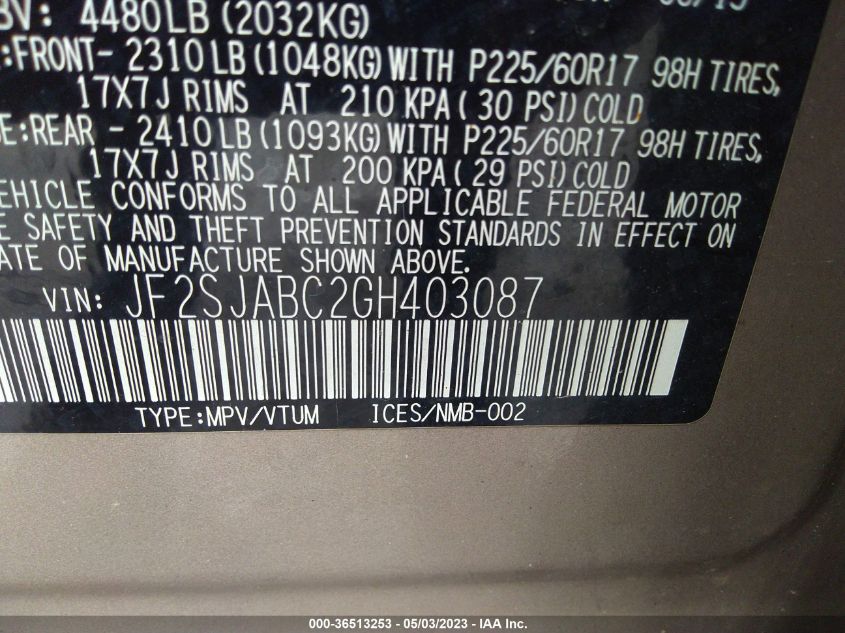 2016 SUBARU FORESTER 2.5I - JF2SJABC2GH403087