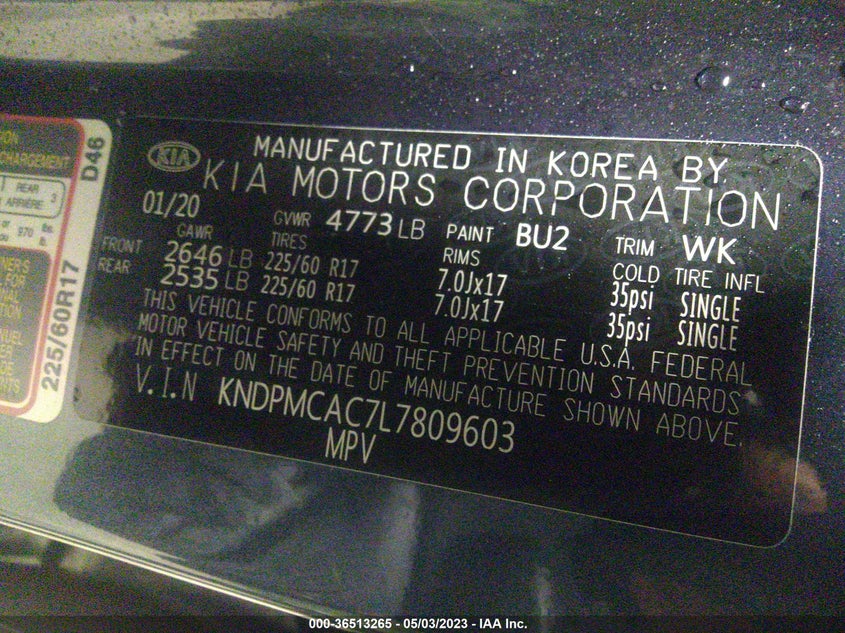 VIN KNDPMCAC7L7809603 2020 KIA SPORTAGE LX