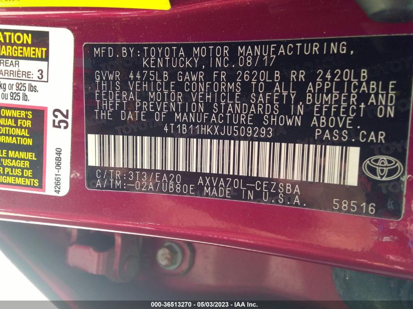 2018 TOYOTA CAMRY LE/SE/XLE/L - 4T1B11HKXJU509293