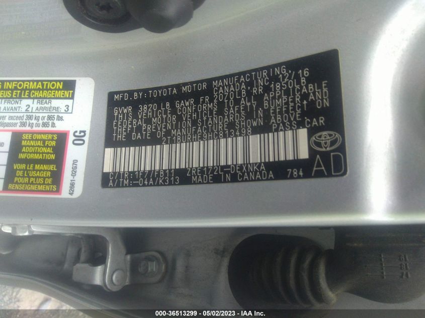 2017 TOYOTA COROLLA L/LE/XLE/SE - 2T1BURHE9HC813498