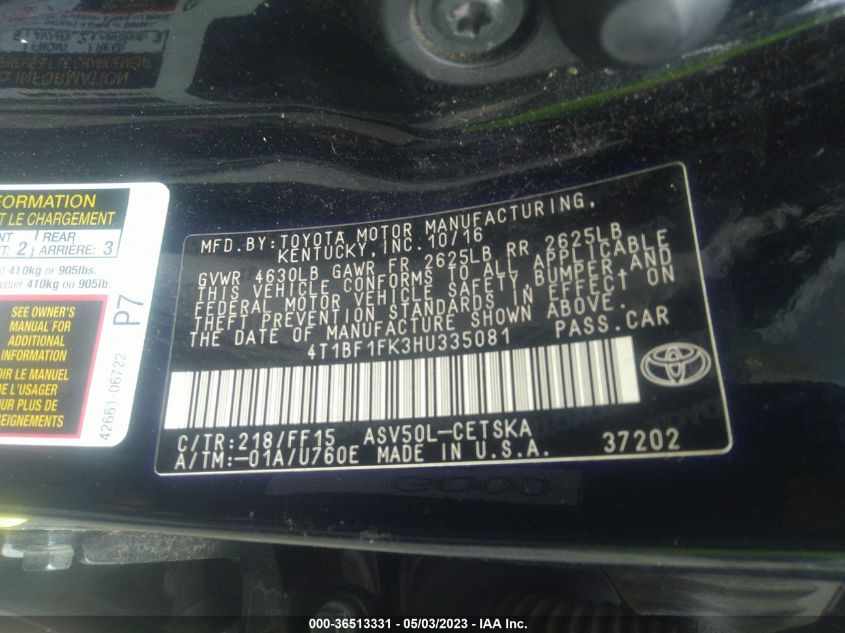 2017 TOYOTA CAMRY XLE/SE/LE/XSE - 4T1BF1FK3HU335081