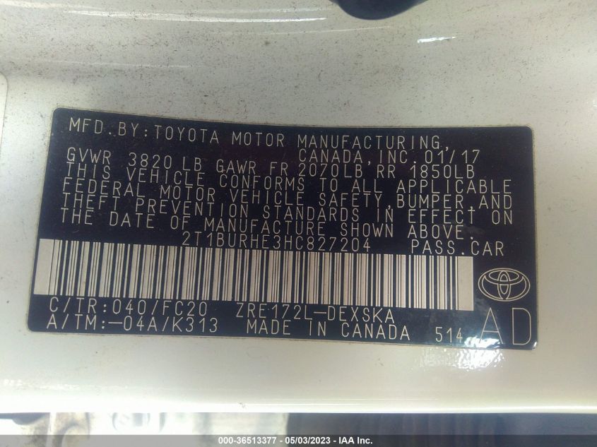 2017 TOYOTA COROLLA L/LE/XLE/SE - 2T1BURHE3HC827204