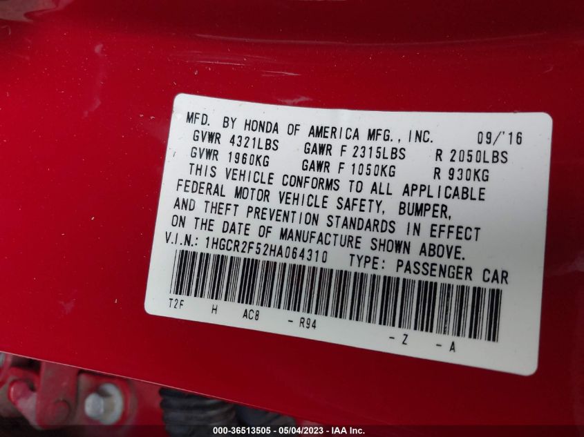 2017 HONDA ACCORD SEDAN SPORT - 1HGCR2F52HA064310