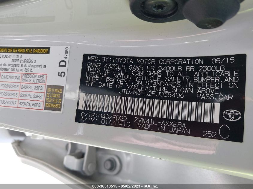 2015 TOYOTA PRIUS V TWO/FIVE/THREE/FOUR - JTDZN3EU2FJ035406