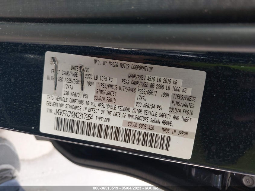 VIN JM3KFACM2M0317254 2021 MAZDA CX-5 TOURING