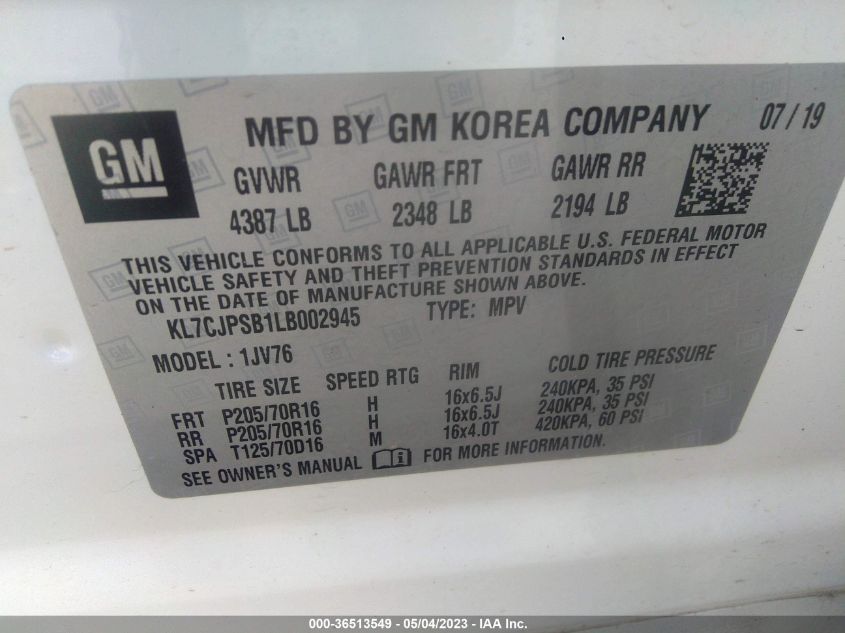 2020 CHEVROLET TRAX LT - KL7CJPSB1LB002945