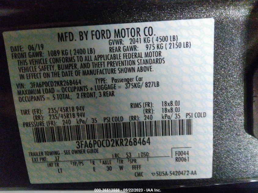 2019 FORD FUSION SEL - 3FA6P0CD2KR268464