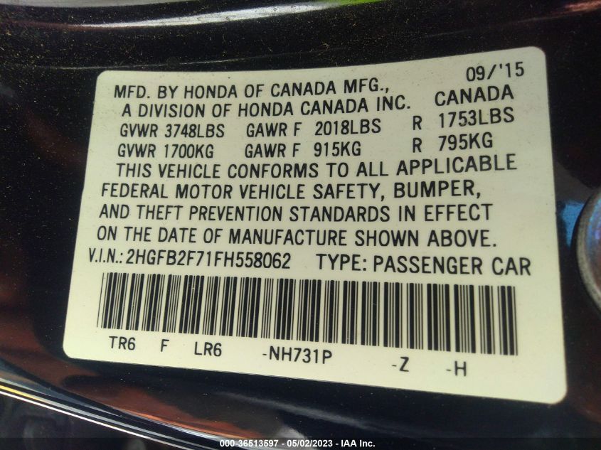 2015 HONDA CIVIC SEDAN SE - 2HGFB2F71FH558062
